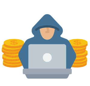 Illustration of a hooded figure sitting at a computer with a large pile of coins on either side. 