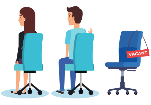 Three office chairs. Two occupied, the third empty with a vacant sign. 