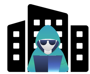 Illustration of a hooded figure at a lap top in front of a building. 