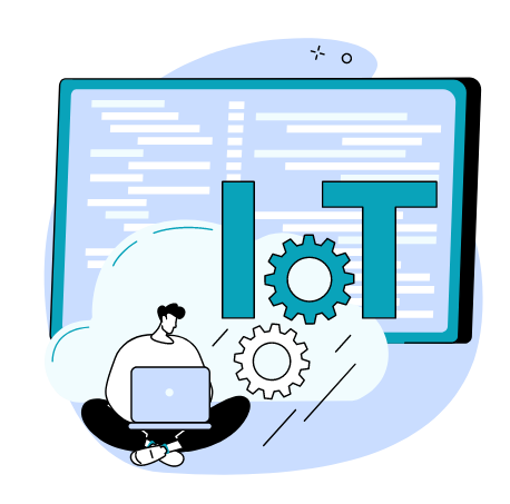 Illustration of a person sitting cross-legged with a laptop, the letters I O T in the background in large blue font.