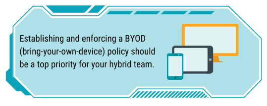 Turquoise box says establishing and enforcing a bring your own device policy should be a top priority for hybrid teams.